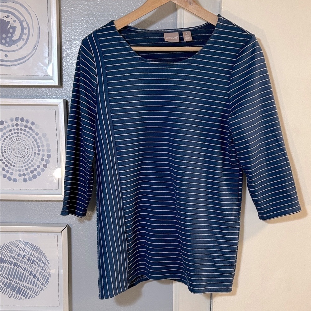 Chico's Blue White Striped 3/4 Length Sleeve Top Chico’s Size 1 = US Size M